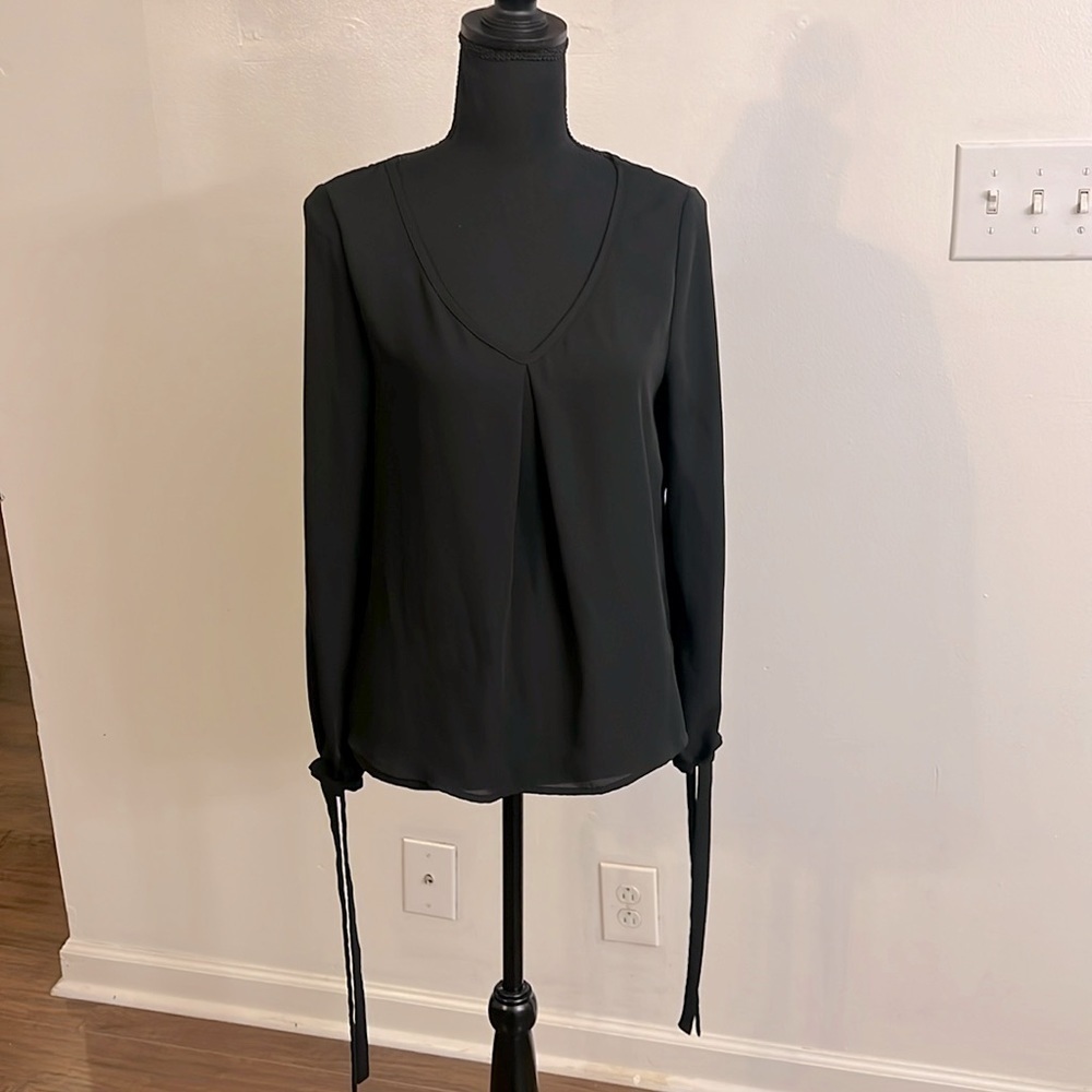 Shein Semi-Sheer Black Blouse Blouse w/Sleeve Ties Into Bows at Ends, Sz.XS.